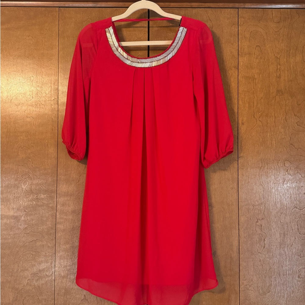 I.N. San Francisco Red Dress with Embellished Neckline